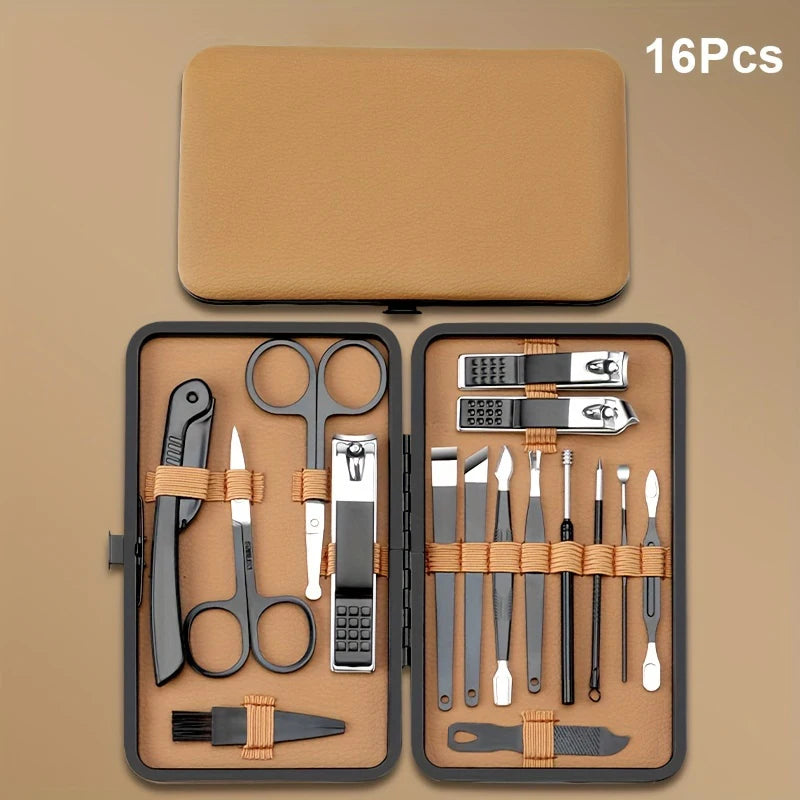 Premium Stainless Steel Manicure & Pedicure Kit – 7/16/18-Piece Nail Care Grooming Set in Elegant Black PU Leather Case
