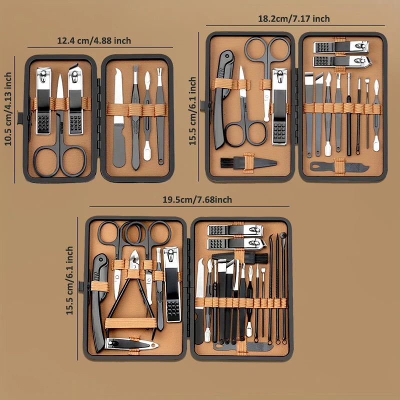 Premium Stainless Steel Manicure & Pedicure Kit – 7/16/18-Piece Nail Care Grooming Set in Elegant Black PU Leather Case