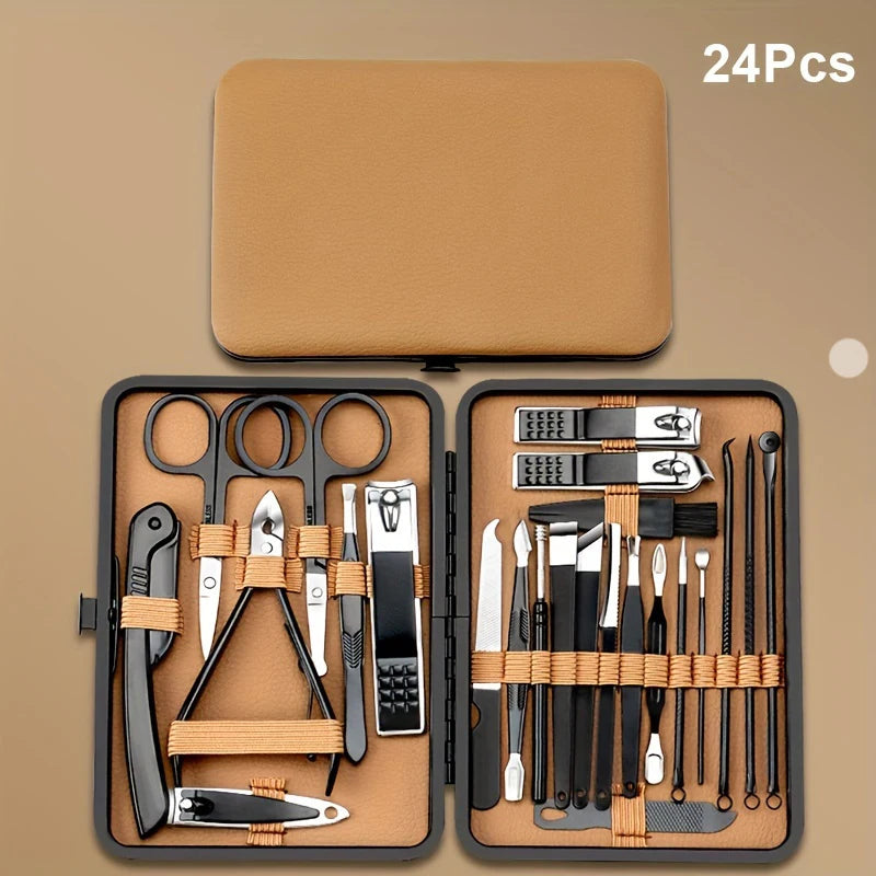 Premium Stainless Steel Manicure & Pedicure Kit – 7/16/18-Piece Nail Care Grooming Set in Elegant Black PU Leather Case