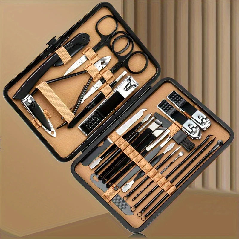 Premium Stainless Steel Manicure & Pedicure Kit – 7/16/18-Piece Nail Care Grooming Set in Elegant Black PU Leather Case